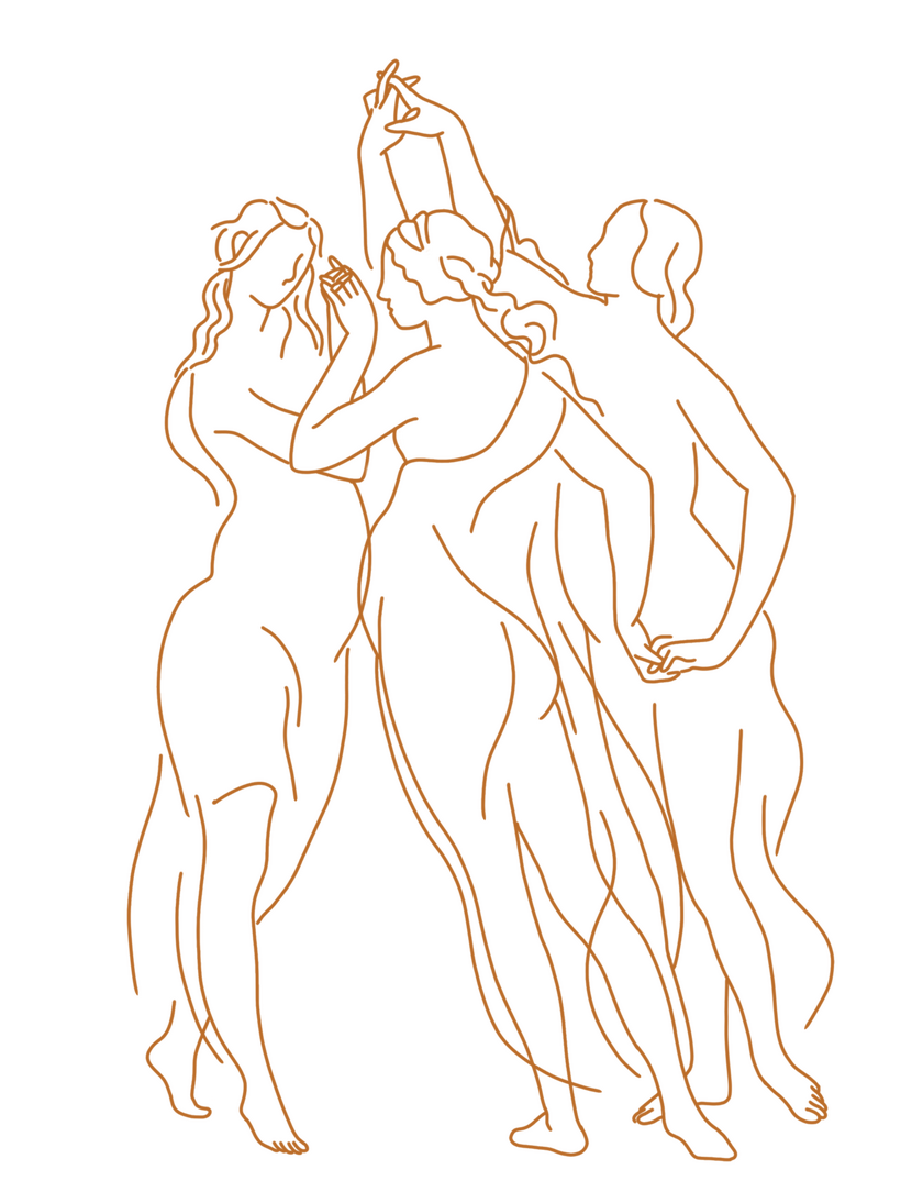Minimalist line drawing of the three muses